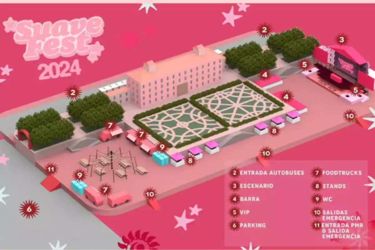 Mapa del Suave Fest 2024 con ubicaciones de entradas, escenario, barra, área VIP, parking, foodtrucks, stands, baños y salidas de emergencia.