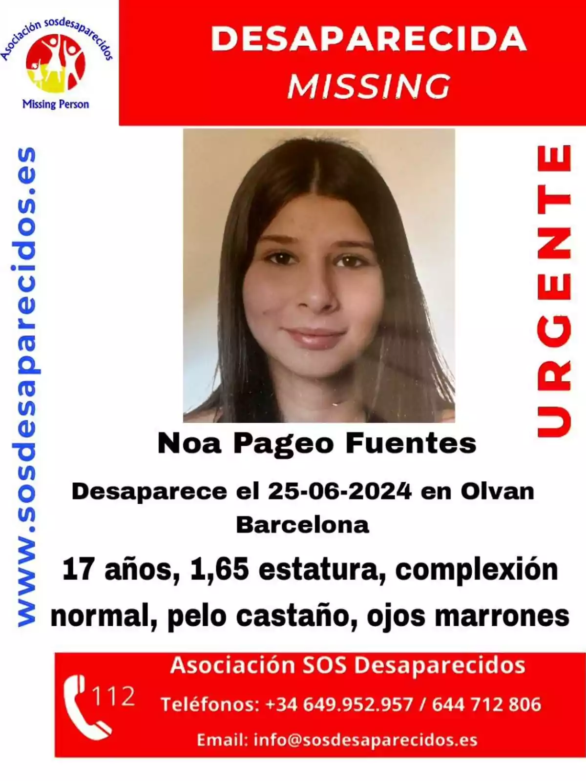 Desaparecida: Noa Pageo Fuentes, desaparece el 25-06-2024 en Olvan, Barcelona. 17 años, 1,65 estatura, complexión normal, pelo castaño, ojos marrones. Asociación SOS Desaparecidos, teléfonos: +34 649 952 957 / 644 712 806, email: info@sosdesaparecidos.es.