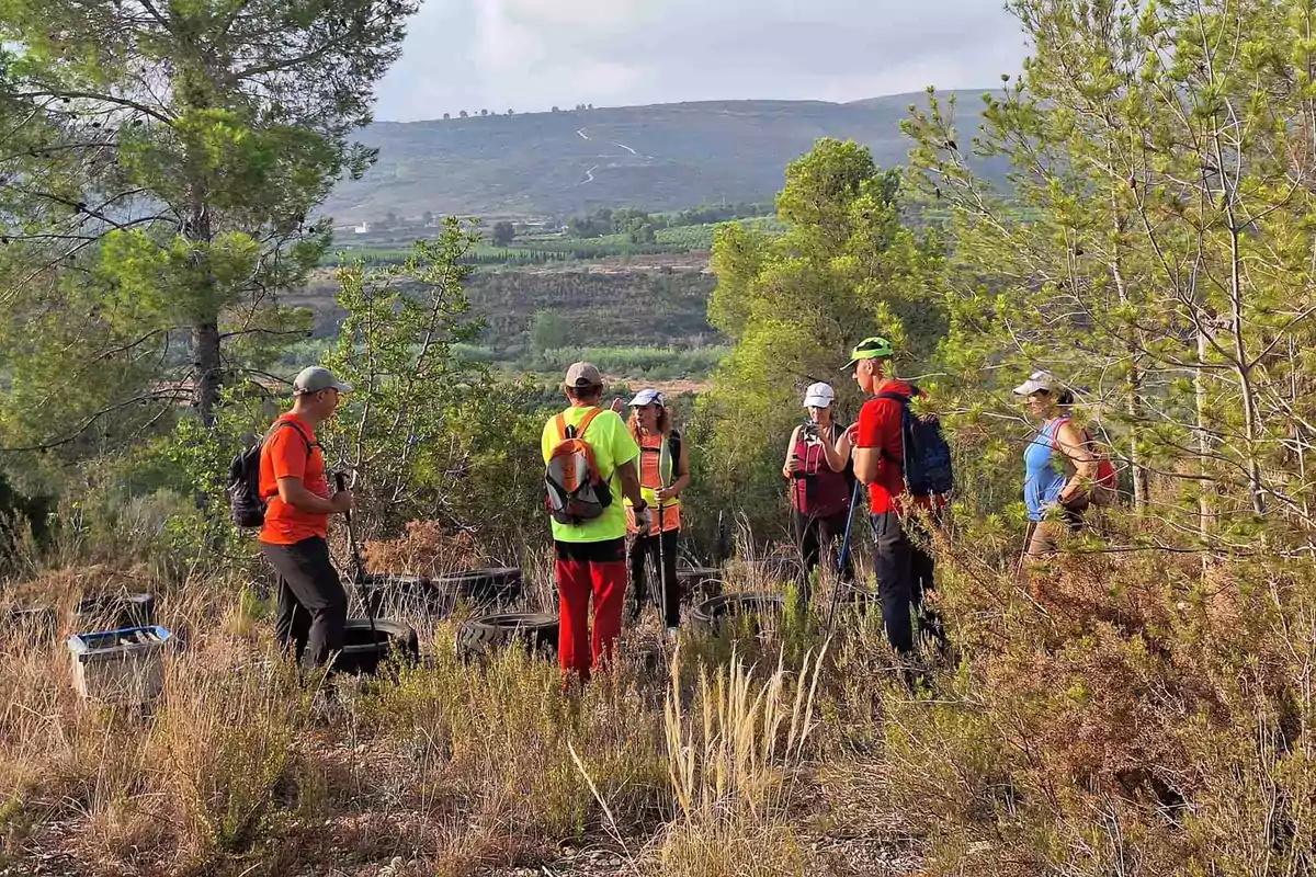 Un grupo de personas con ropa de colores brillantes y mochilas se encuentra en un área boscosa, rodeado de árboles y vegetación, con colinas en el fondo.