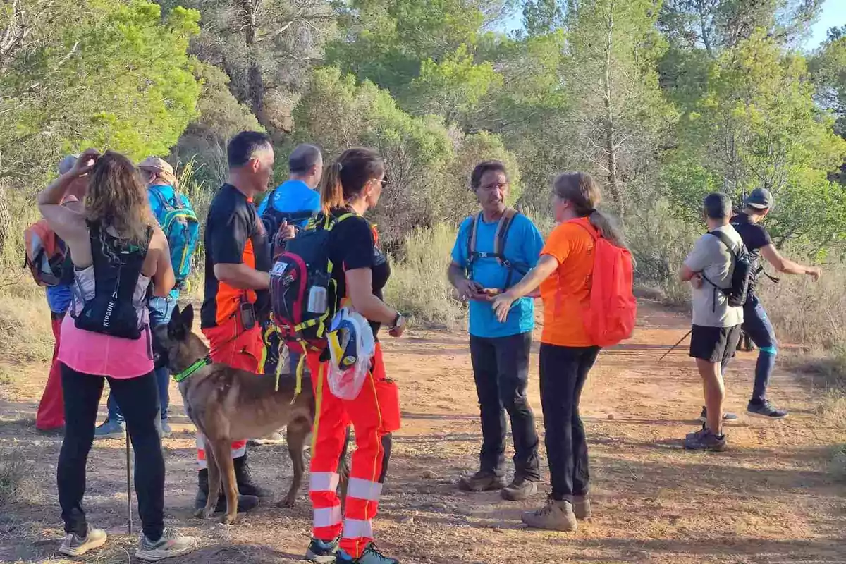 Un grupo de personas con mochilas y equipo de senderismo, incluyendo un perro, se encuentran en un camino rodeado de árboles y vegetación, aparentemente conversando y preparándose para una actividad al aire libre.