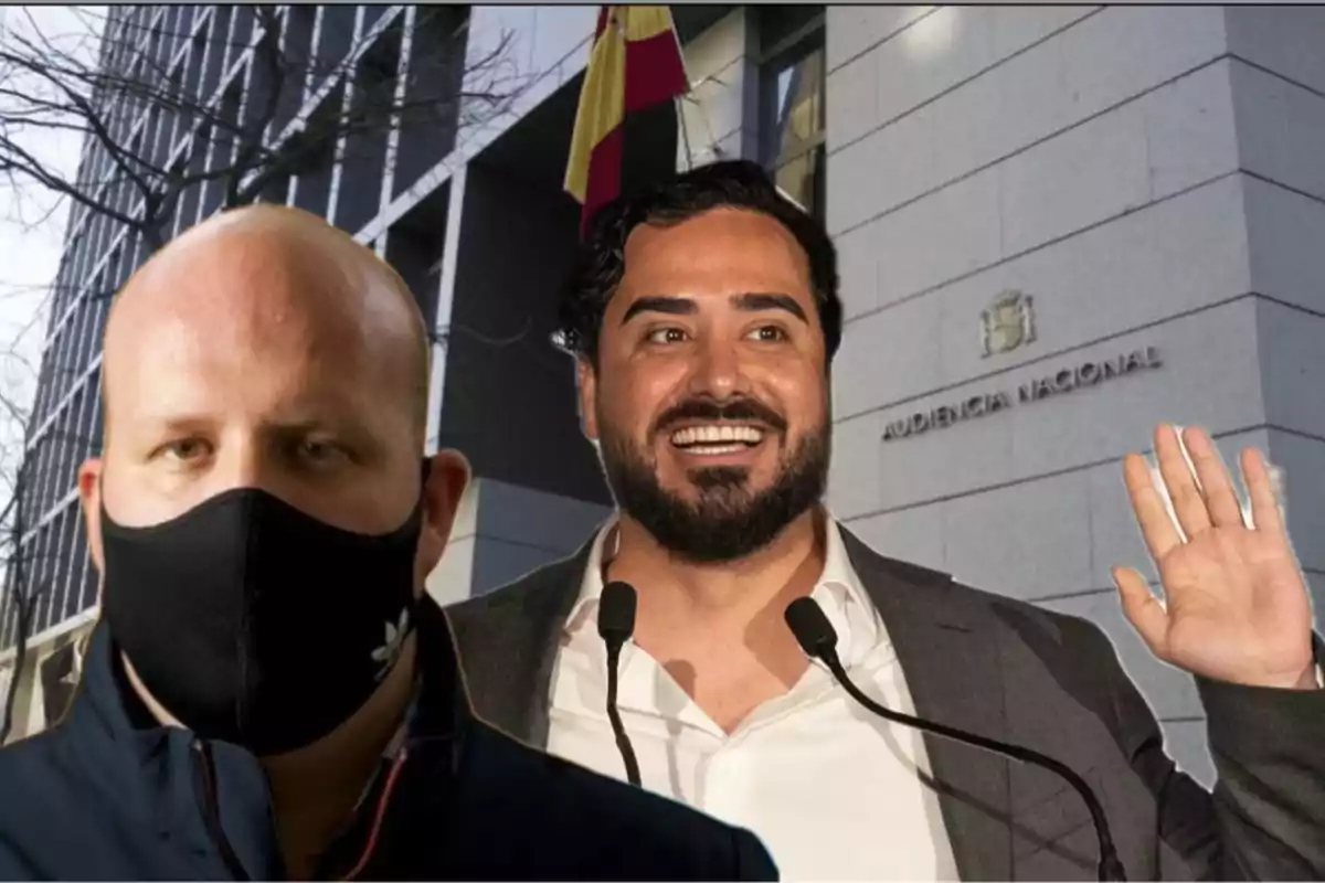 Dos hombres frente a un edificio con la bandera de España y el letrero "Audiencia Nacional".