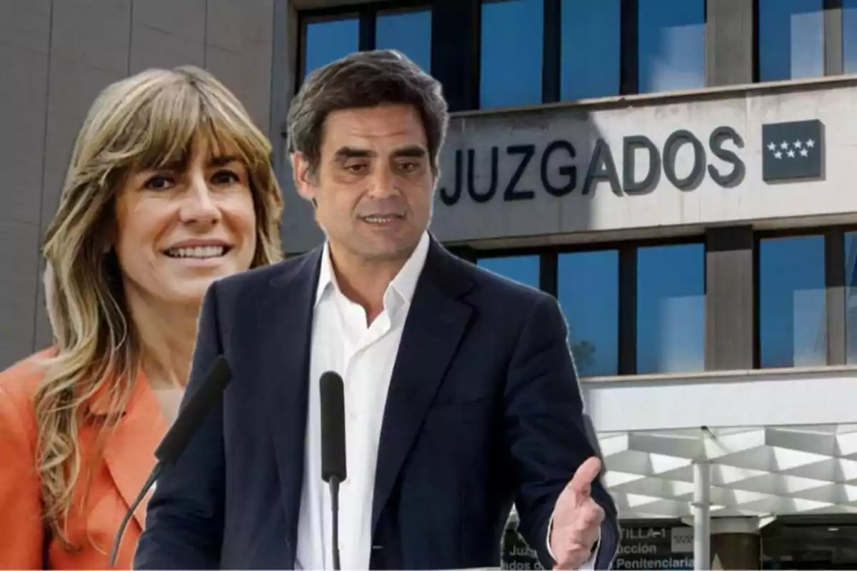 Dos personas frente a un edificio con el letrero "Juzgados".