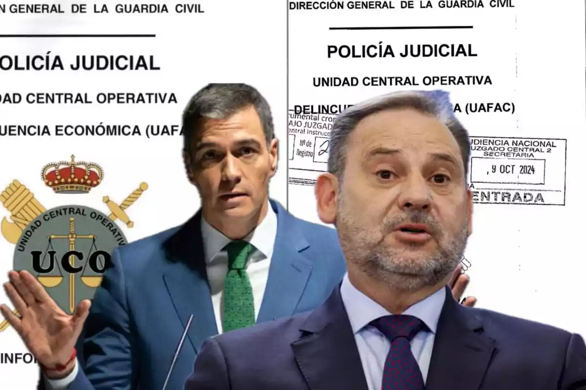 Dos hombres en traje frente a documentos oficiales de la Policía Judicial y la Unidad Central Operativa.