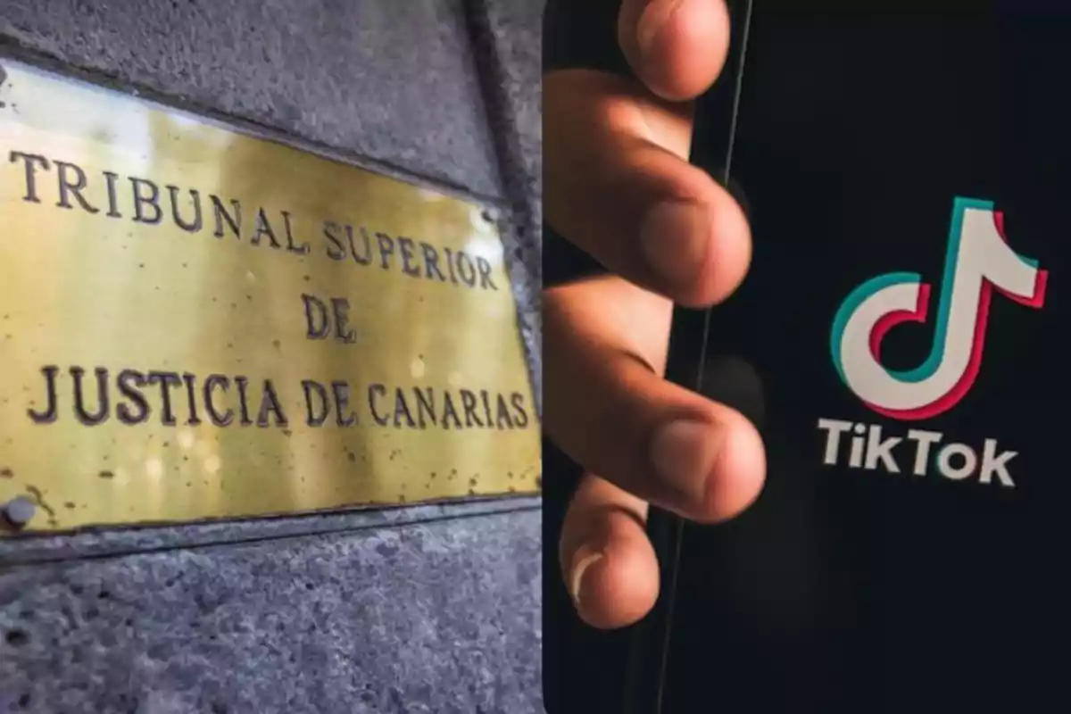 Placa del Tribunal Superior de Justicia de Canarias junto a una mano sosteniendo un teléfono con el logo de TikTok.