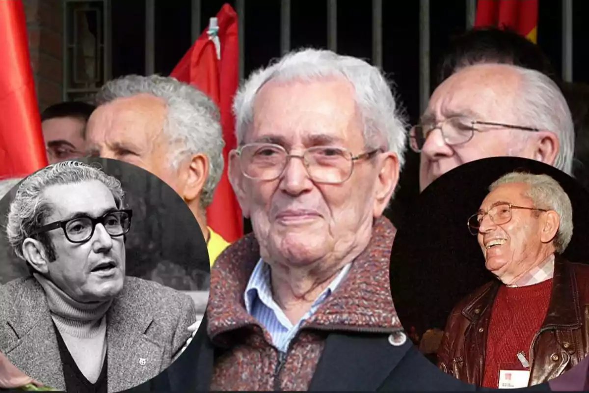 Un grupo de hombres mayores con cabello canoso y gafas, con banderas rojas de fondo y dos imágenes circulares de uno de ellos en diferentes momentos de su vida.