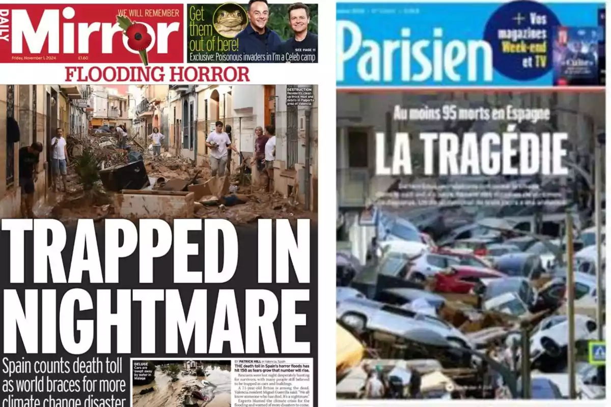 Portadas de periódicos que destacan la tragedia de las inundaciones en España con imágenes de calles llenas de escombros y coches apilados.