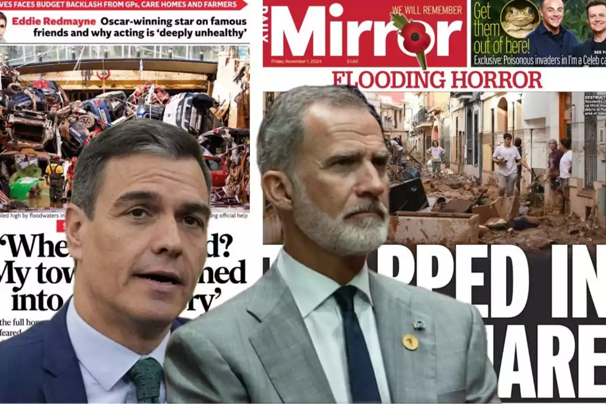 Dos hombres aparecen superpuestos sobre portadas de periódicos que destacan desastres por inundaciones y titulares sobre celebridades.