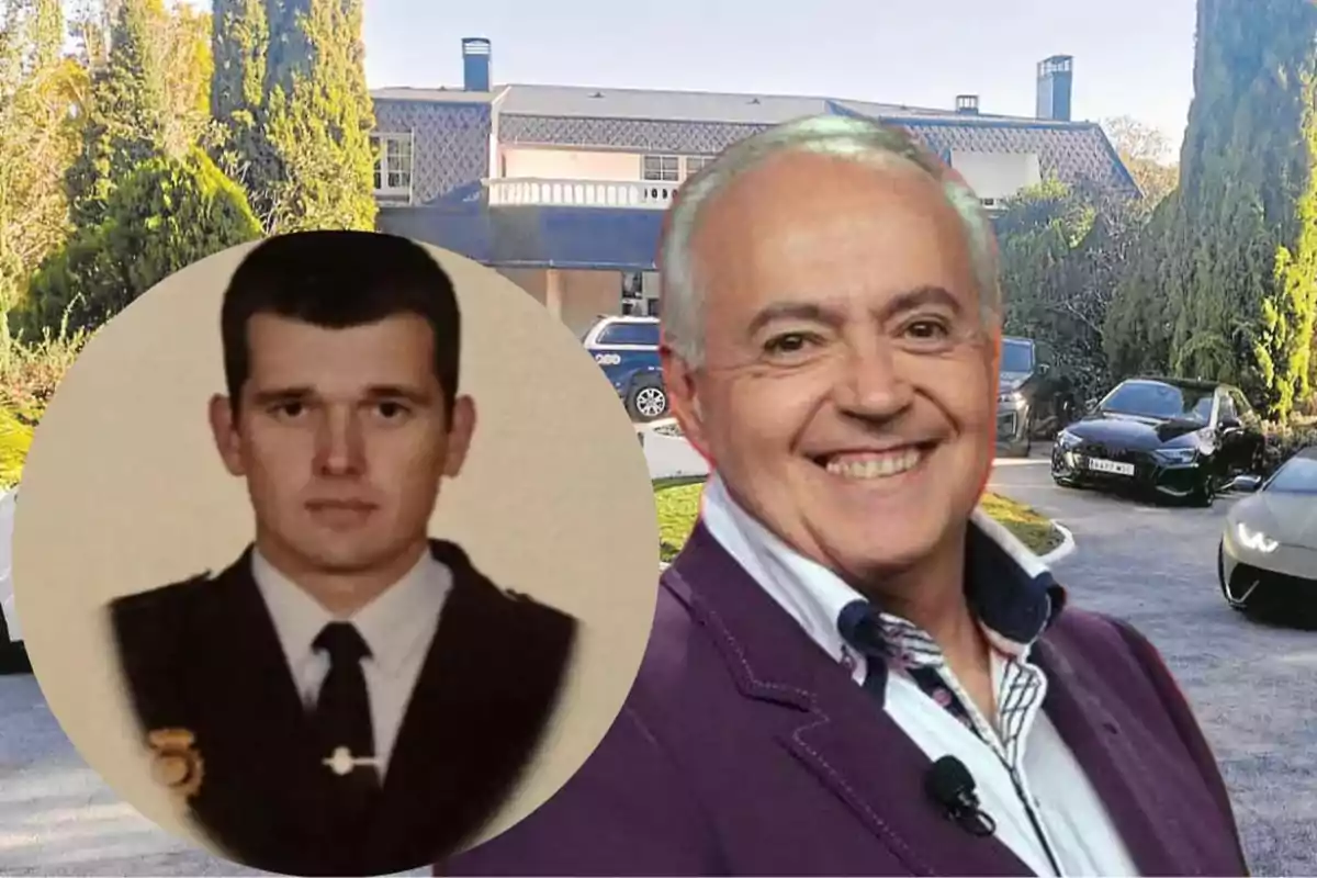 Un hombre sonriente con cabello canoso y chaqueta morada está frente a una casa grande con autos estacionados; en un círculo superpuesto, hay una foto de un hombre joven con uniforme.