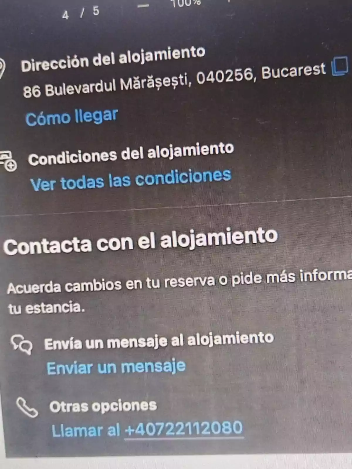 Pantalla de contacto de un alojamiento en Bucarest con dirección, condiciones y opciones para enviar un mensaje o llamar por teléfono.