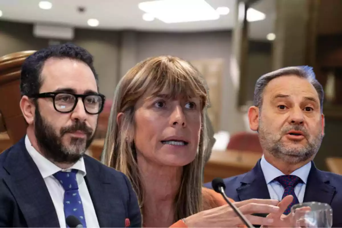 Tres personas en un entorno formal discutiendo en una reunión.