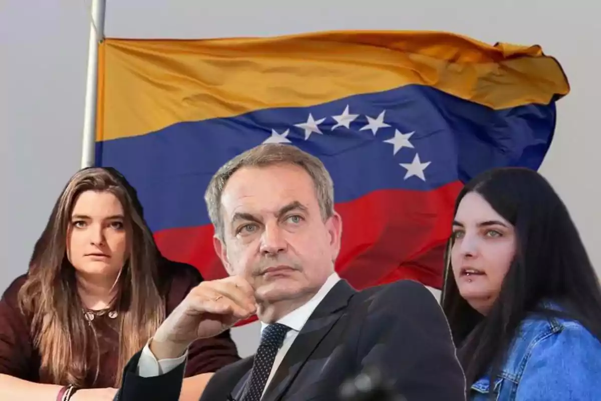 Tres personas frente a una bandera de Venezuela.