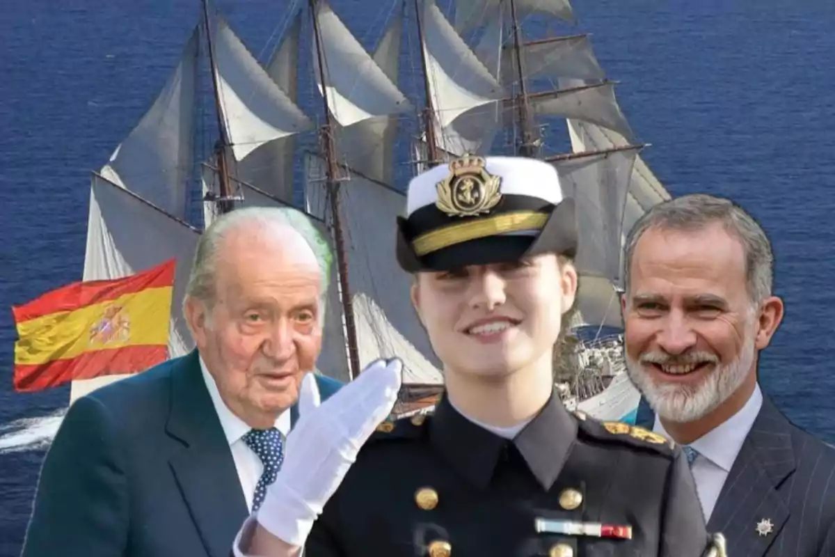 Una persona con uniforme naval saluda frente a un barco de vela con la bandera de España y dos hombres mayores sonrientes.