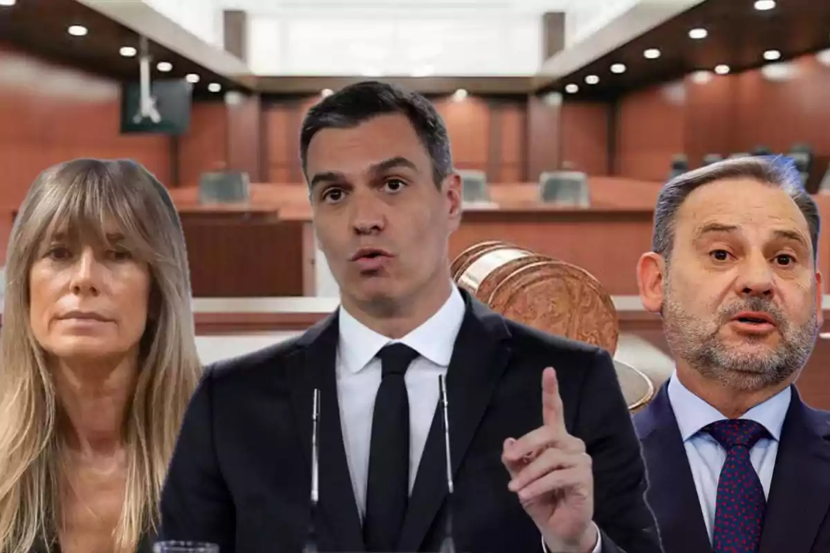 Tres personas en un entorno de sala de conferencias o tribunal.