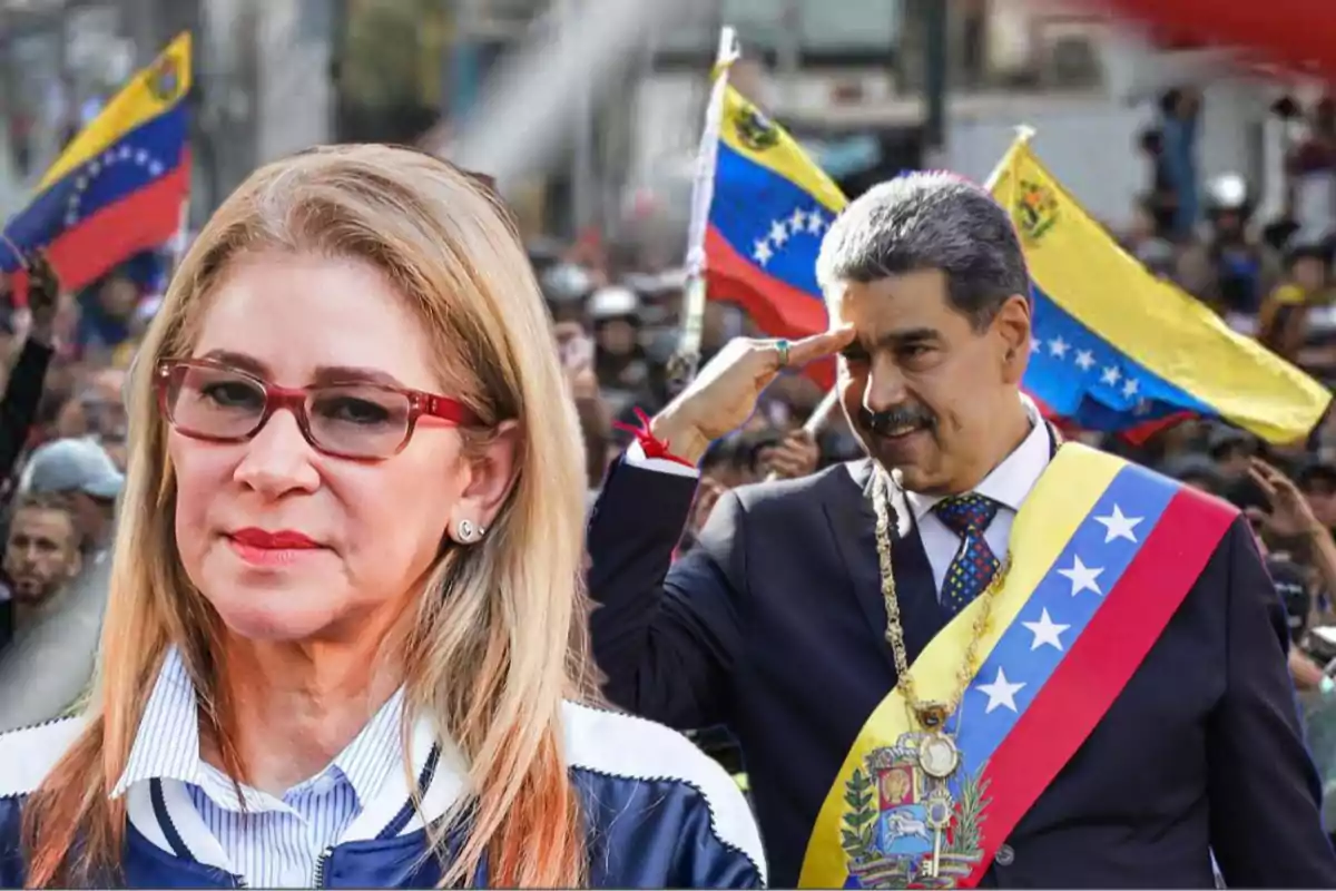 Una mujer con gafas y un hombre con banda presidencial saludando, con banderas de Venezuela al fondo.