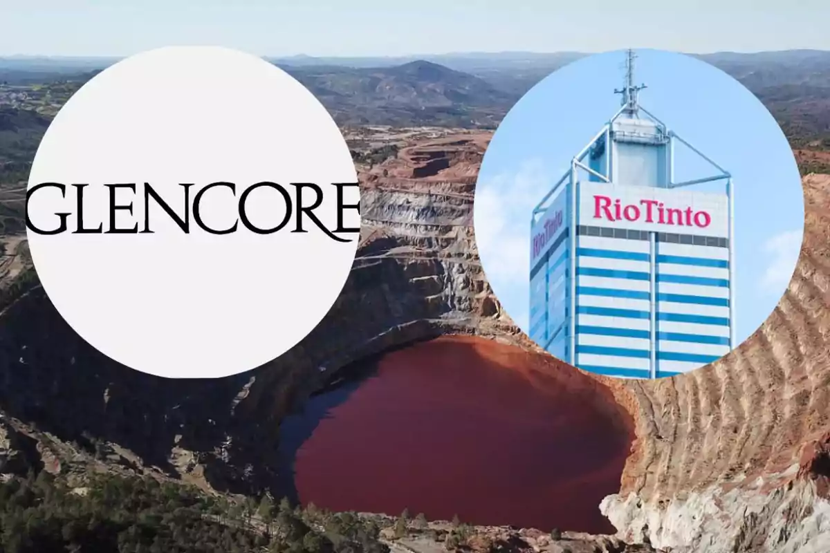 Logotipos de Glencore y Rio Tinto sobre una imagen de una mina a cielo abierto con agua de color rojizo.