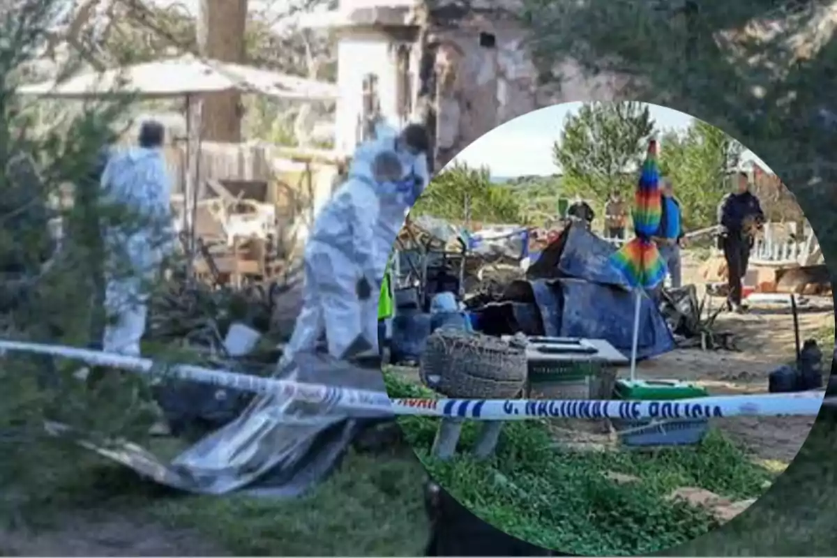 Un grupo de personas con trajes de protección investiga una escena al aire libre rodeada de cinta policial, donde se observan escombros y un entorno natural.