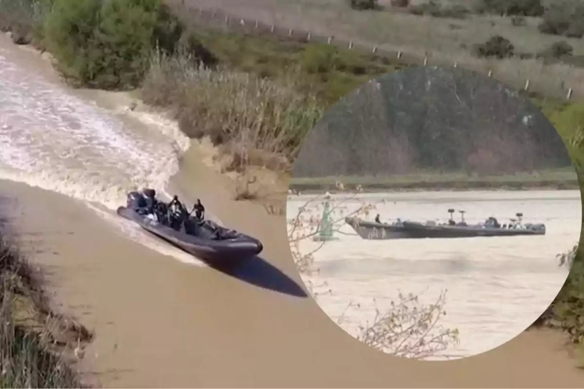 Una lancha rápida navegando por un río rodeado de vegetación con un recuadro que muestra un acercamiento de la misma lancha en el agua.