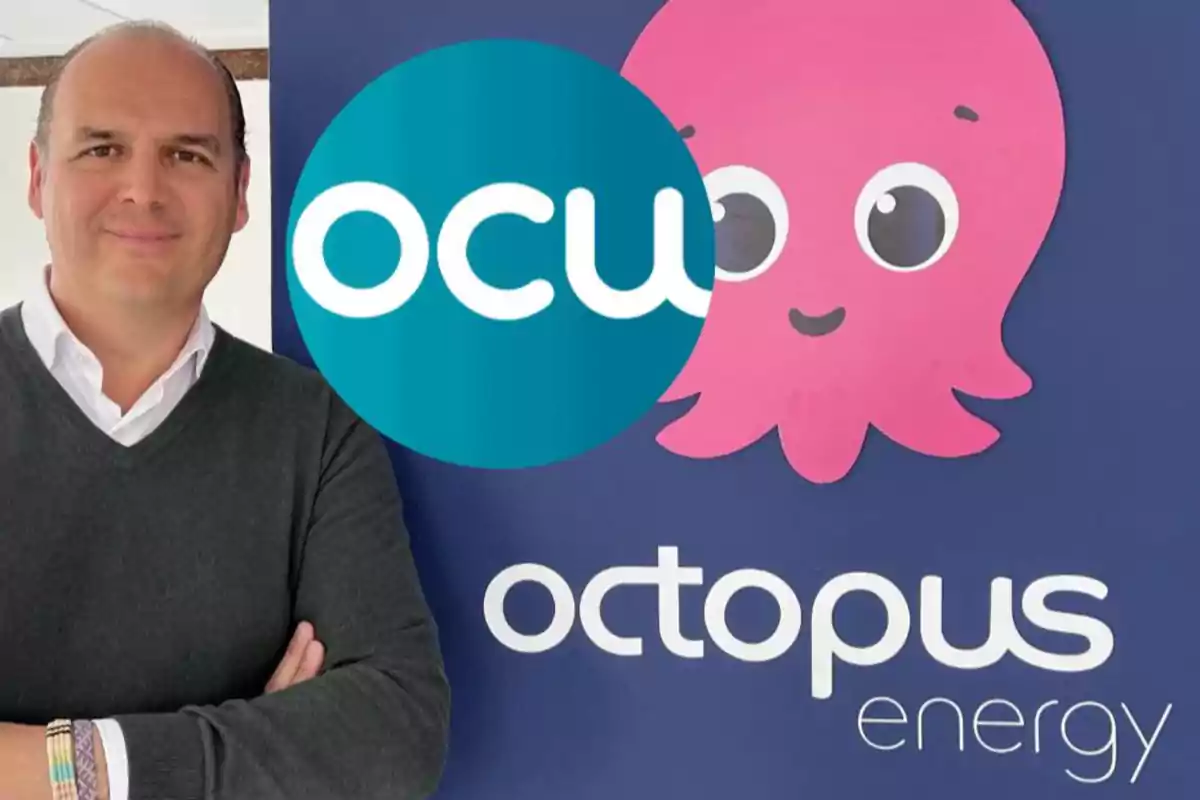 Un hombre de pie junto a un cartel de Octopus Energy con un pulpo rosa sonriente y el logo de OCU superpuesto.