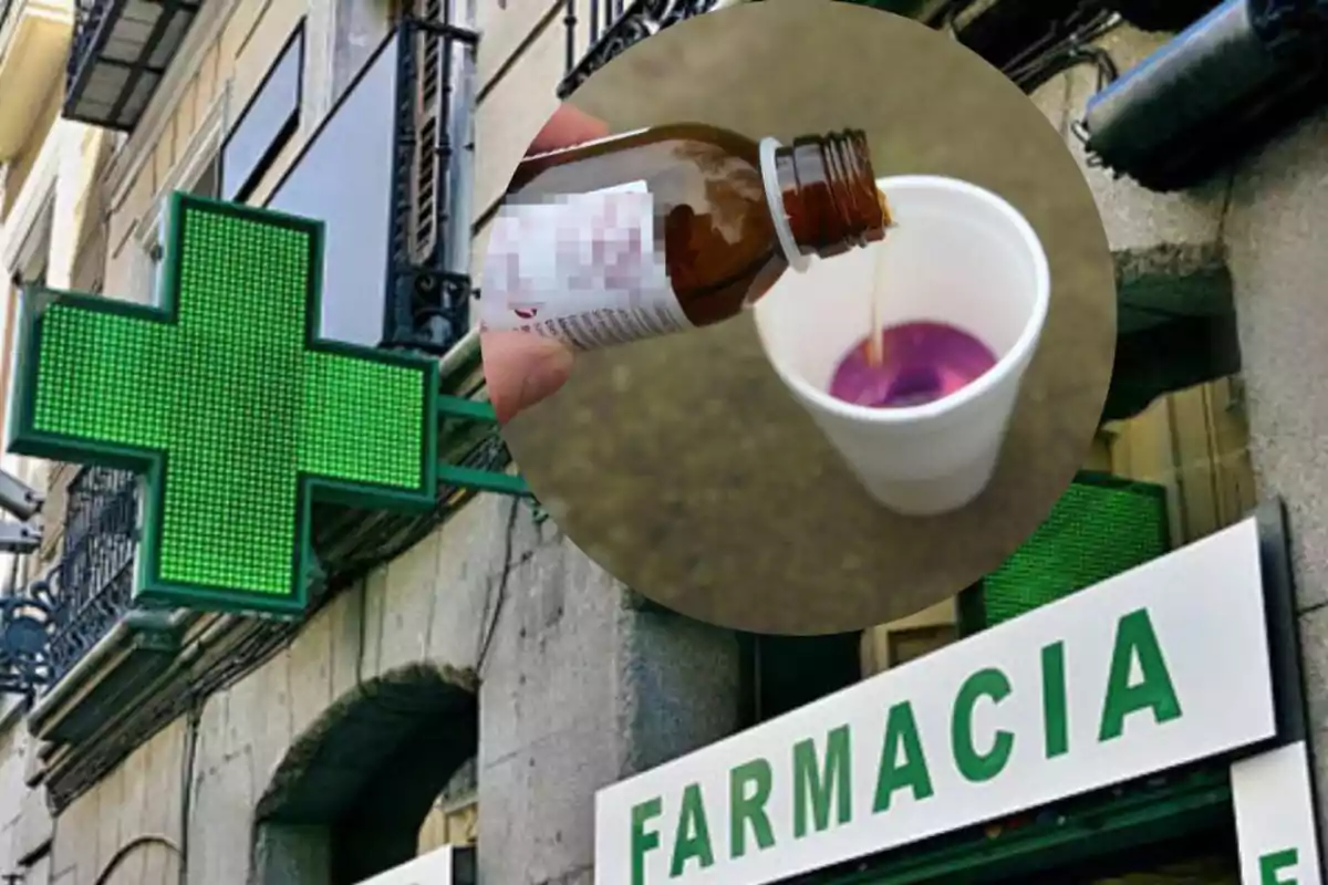 Un letrero de farmacia con una cruz verde y una imagen superpuesta de un jarabe siendo vertido en un vaso.