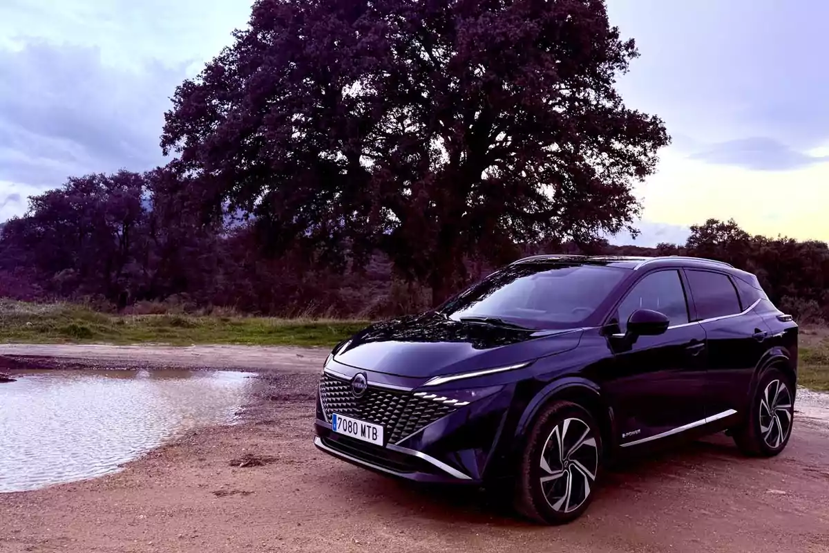 Un Nissan Qashqai e-POWER 2025 negro estacionado en un camino de tierra junto a un charco y un gran árbol al fondo. Un Nissan Qashqai e-POWER 2025 negro estacionado en un camino de tierra junto a un charco y un gran árbol al fondo.