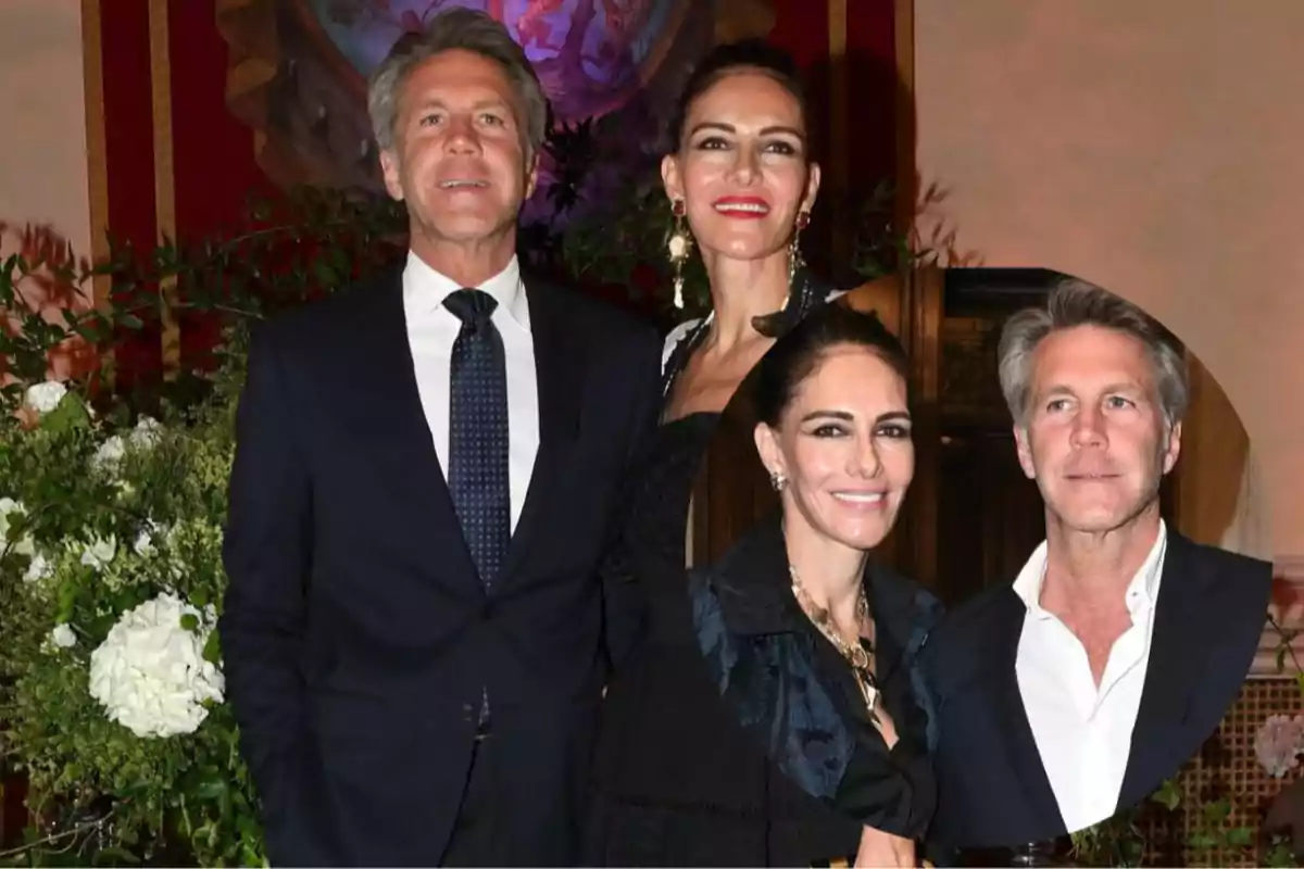 Una pareja elegantemente vestida posa frente a un fondo decorado con flores y arte, con una imagen superpuesta de ellos en un evento. Una pareja elegantemente vestida posa frente a un fondo decorado con flores y arte, con una imagen superpuesta de ellos en un evento.