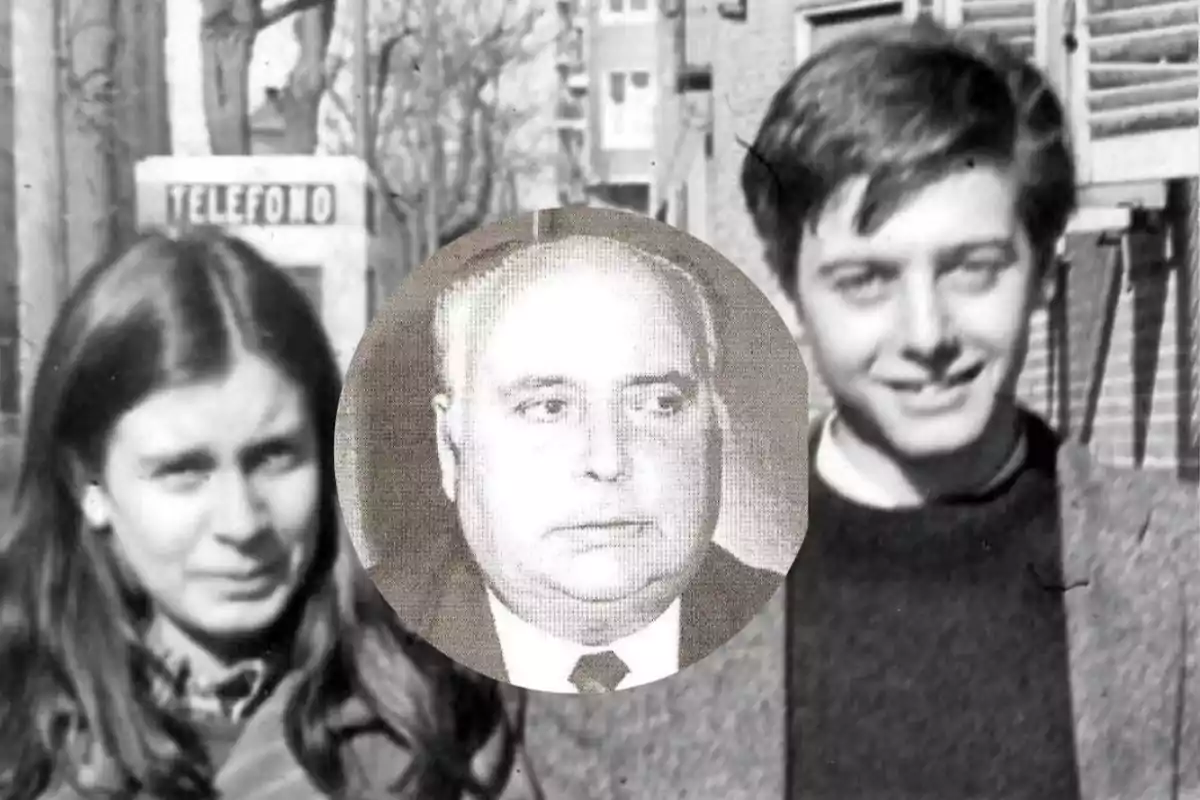 Una joven y un joven posan juntos en una calle, mientras un retrato en blanco y negro de un hombre mayor está superpuesto en el centro de la imagen. Una joven y un joven posan juntos en una calle, mientras un retrato en blanco y negro de un hombre mayor está superpuesto en el centro de la imagen.