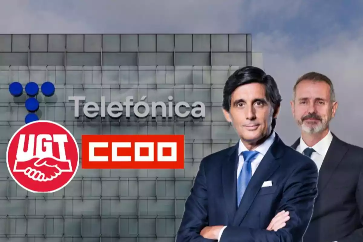 Dos hombres en traje frente a un edificio con el logo de Telefónica y los logotipos de UGT y CCOO.