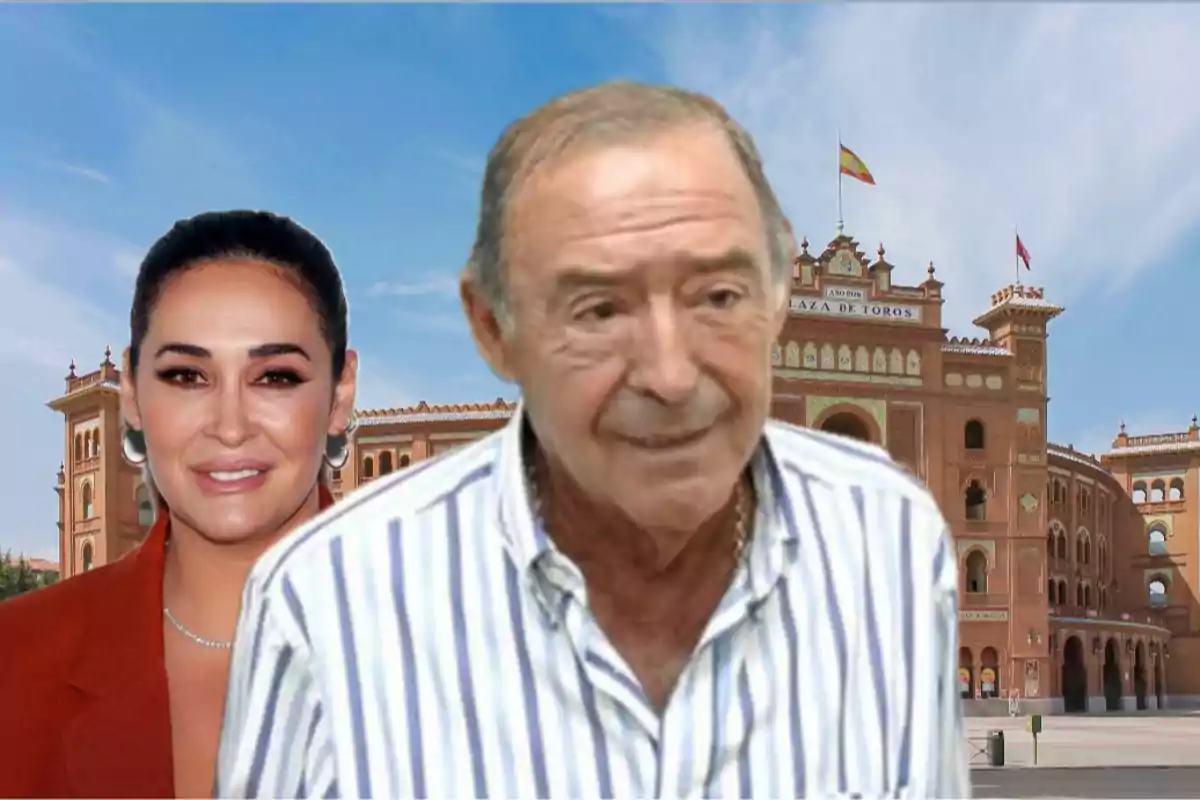 Dos personas frente a la Plaza de Toros de Las Ventas en Madrid.