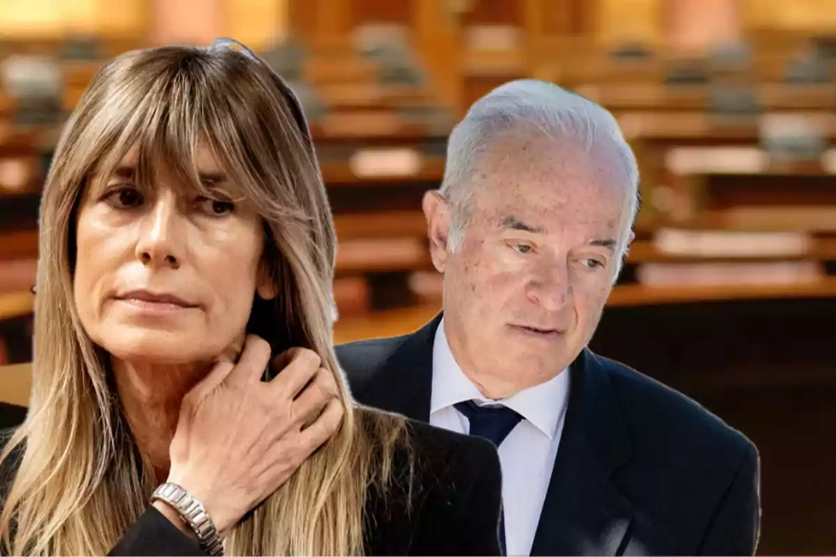 Dos personas en un entorno formal, una mujer con cabello largo y un hombre de cabello canoso, ambos con expresiones serias.