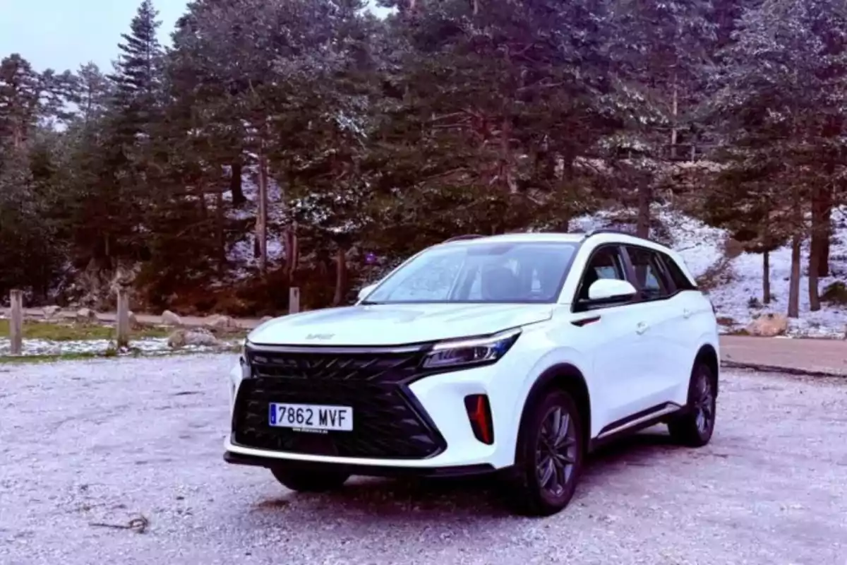 Un DFSK Fengon 600 blanco estacionado en un camino de tierra con un bosque de pinos al fondo. Un DFSK Fengon 600 blanco estacionado en un camino de tierra con un bosque de pinos al fondo.