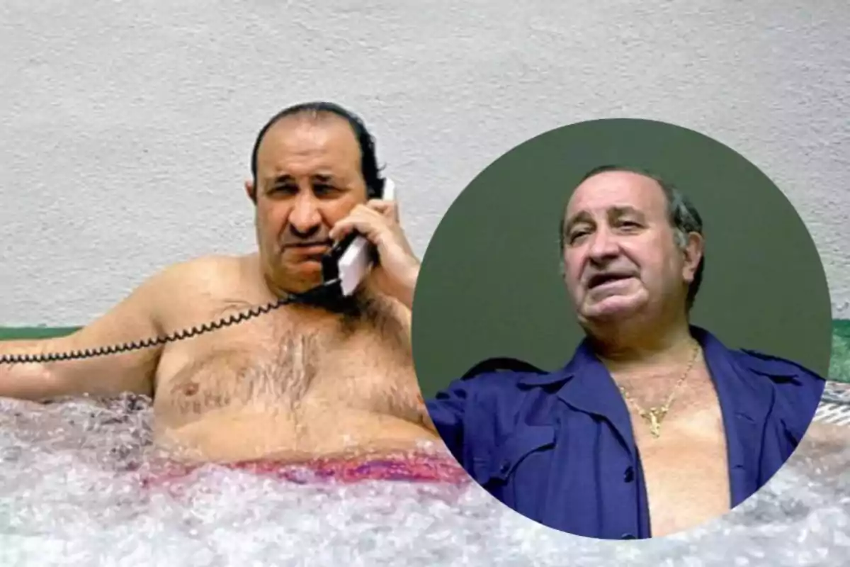 Hombre en una bañera de hidromasaje hablando por teléfono con una imagen superpuesta de él mismo vestido con una camisa azul. Hombre en una bañera de hidromasaje hablando por teléfono con una imagen superpuesta de él mismo vestido con una camisa azul.