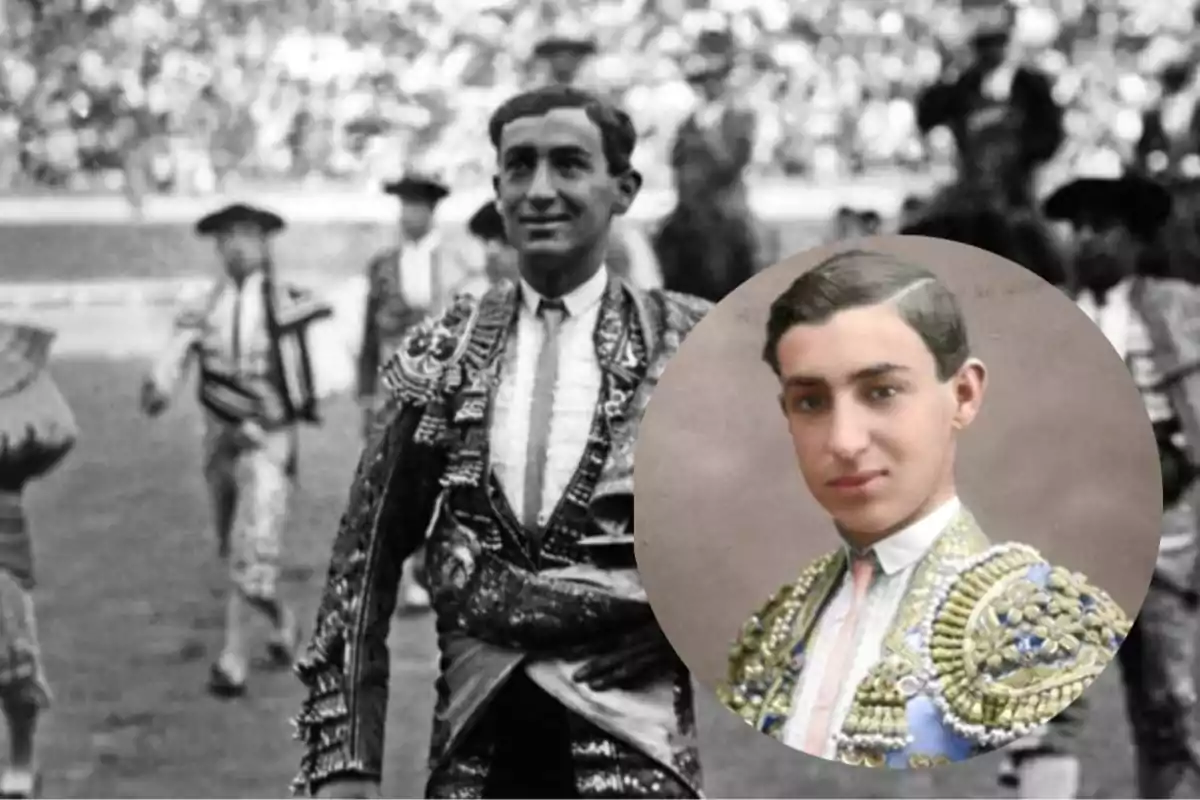 Un torero en la plaza de toros con un retrato en primer plano de él mismo en un traje de luces.