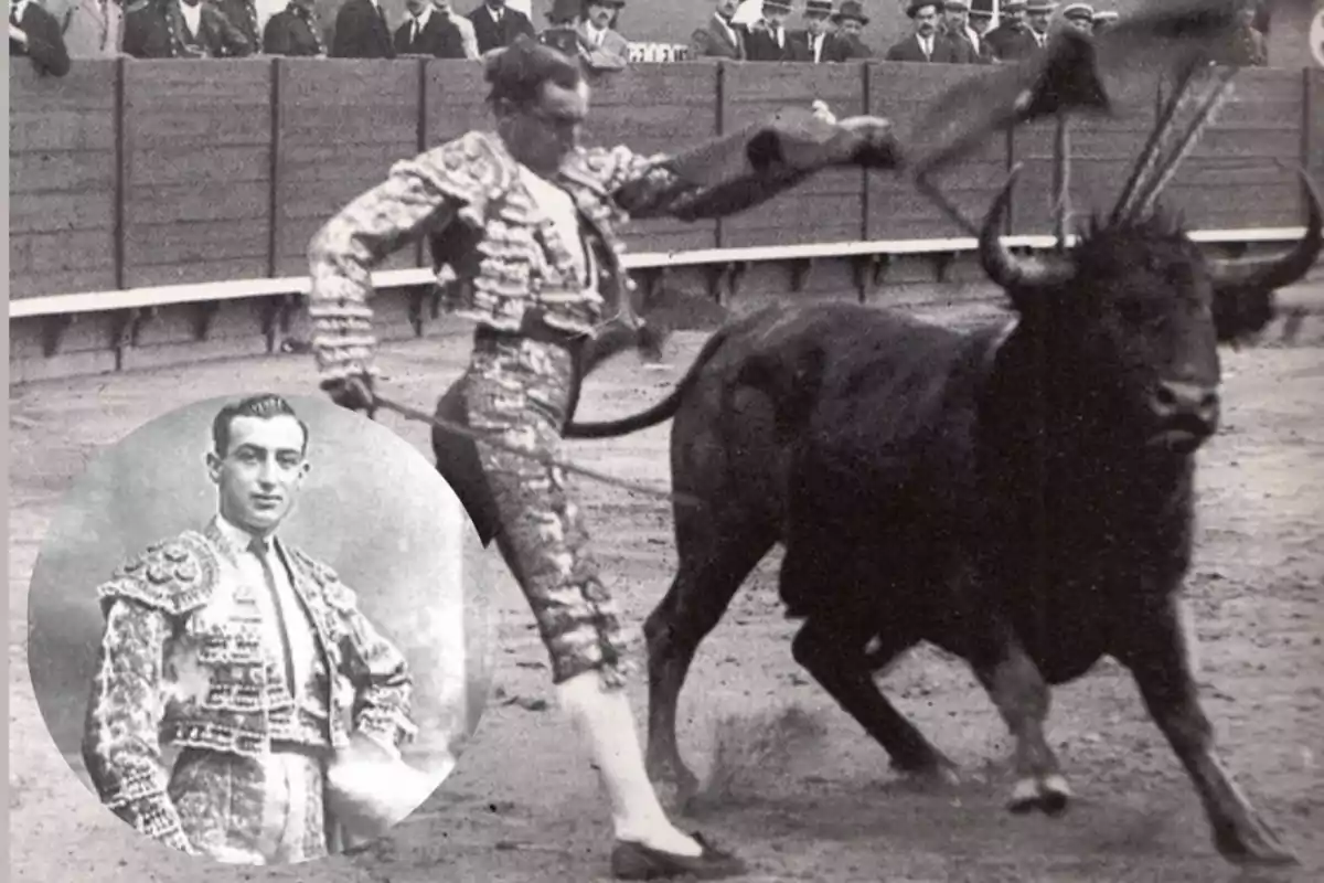 Un torero en plena faena con un toro en la plaza, mientras una imagen en blanco y negro muestra un retrato del mismo torero. Un torero en plena faena con un toro en la plaza, mientras una imagen en blanco y negro muestra un retrato del mismo torero.
