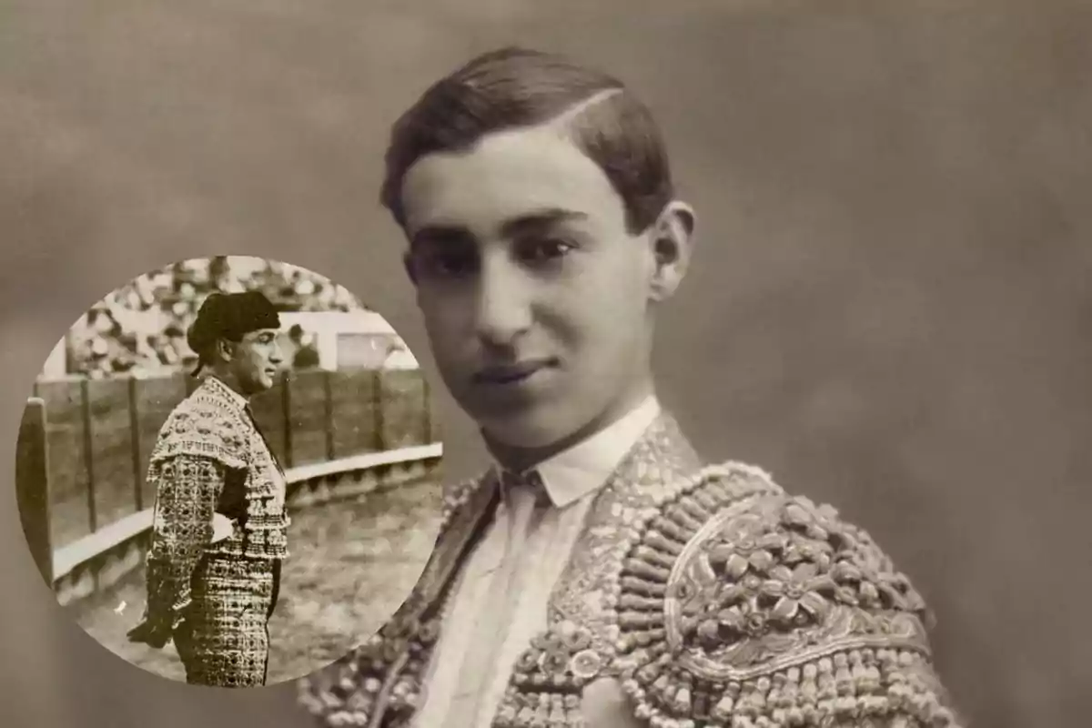 Un joven torero con traje de luces en una fotografía antigua, acompañado de un recuadro que muestra al mismo torero en una plaza de toros. Un joven torero con traje de luces en una fotografía antigua, acompañado de un recuadro que muestra al mismo torero en una plaza de toros.