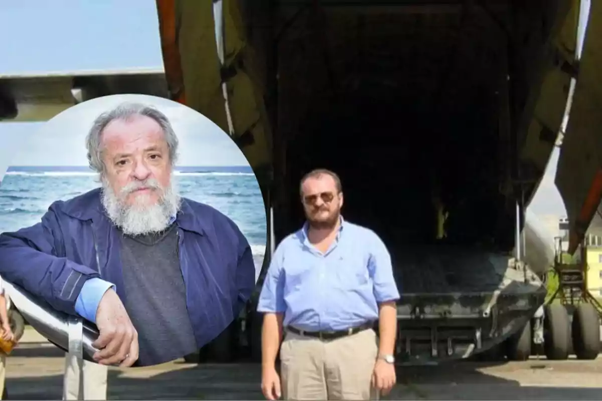 Un hombre de pie frente a un avión de carga con una imagen superpuesta de un hombre mayor con barba blanca y chaqueta azul frente al mar.