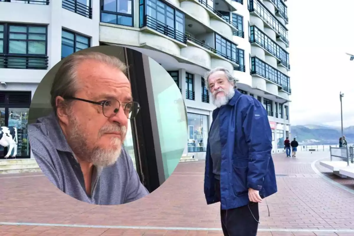 Un hombre con barba y gafas está de pie en una calle pavimentada frente a un edificio moderno, mientras que un recuadro muestra un primer plano de su rostro mirando pensativo por una ventana. Un hombre con barba y gafas está de pie en una calle pavimentada frente a un edificio moderno, mientras que un recuadro muestra un primer plano de su rostro mirando pensativo por una ventana.