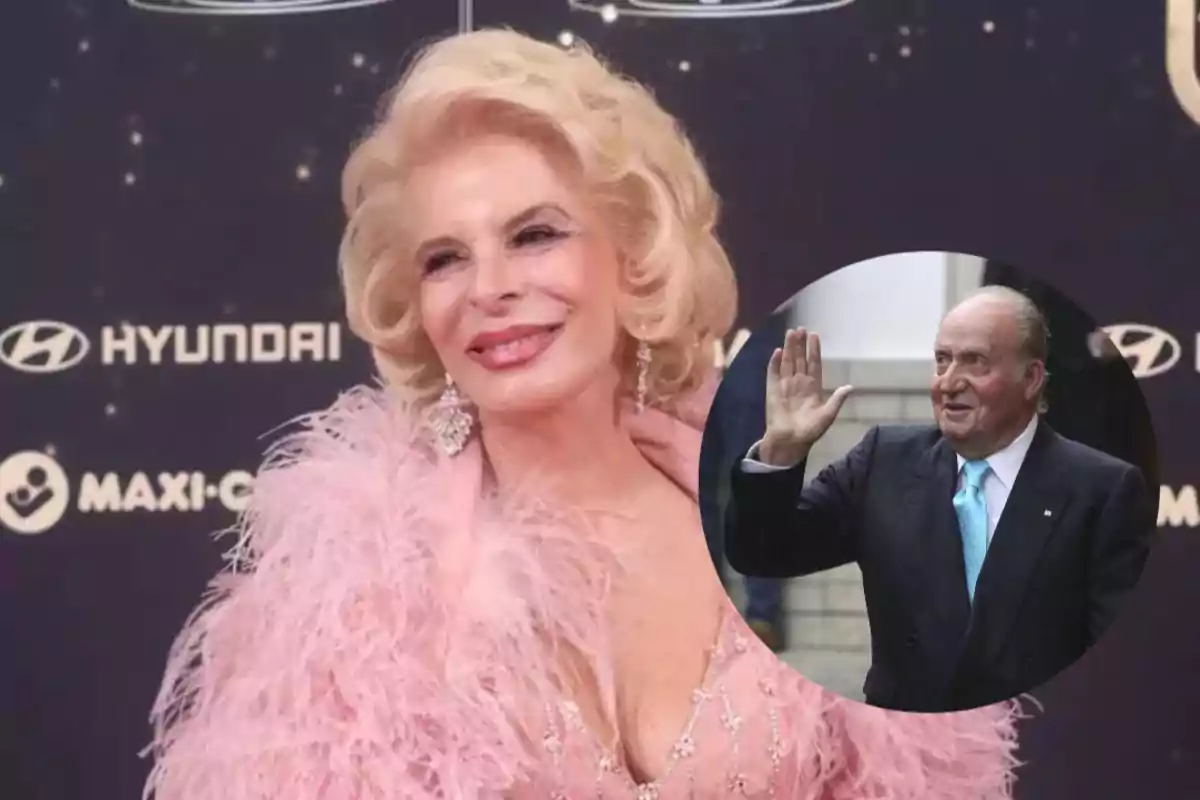 A person in a pink feather dress poses at an event, while in an inset a man is waving. A person in a pink feather dress poses at an event, while in an inset a man is waving.