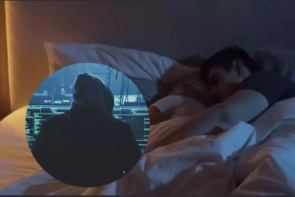 Pareja durmiendo en la cama con una superposición de una persona encapuchada frente a una computadora con pantallas llenas de código