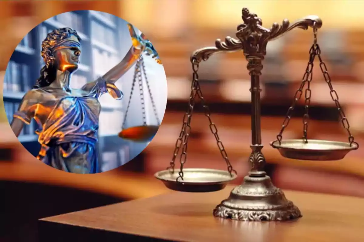 Balanza de la justicia sobre una mesa con una figura de la diosa Temis al fondo Balanza de la justicia sobre una mesa con una figura de la diosa Temis al fondo