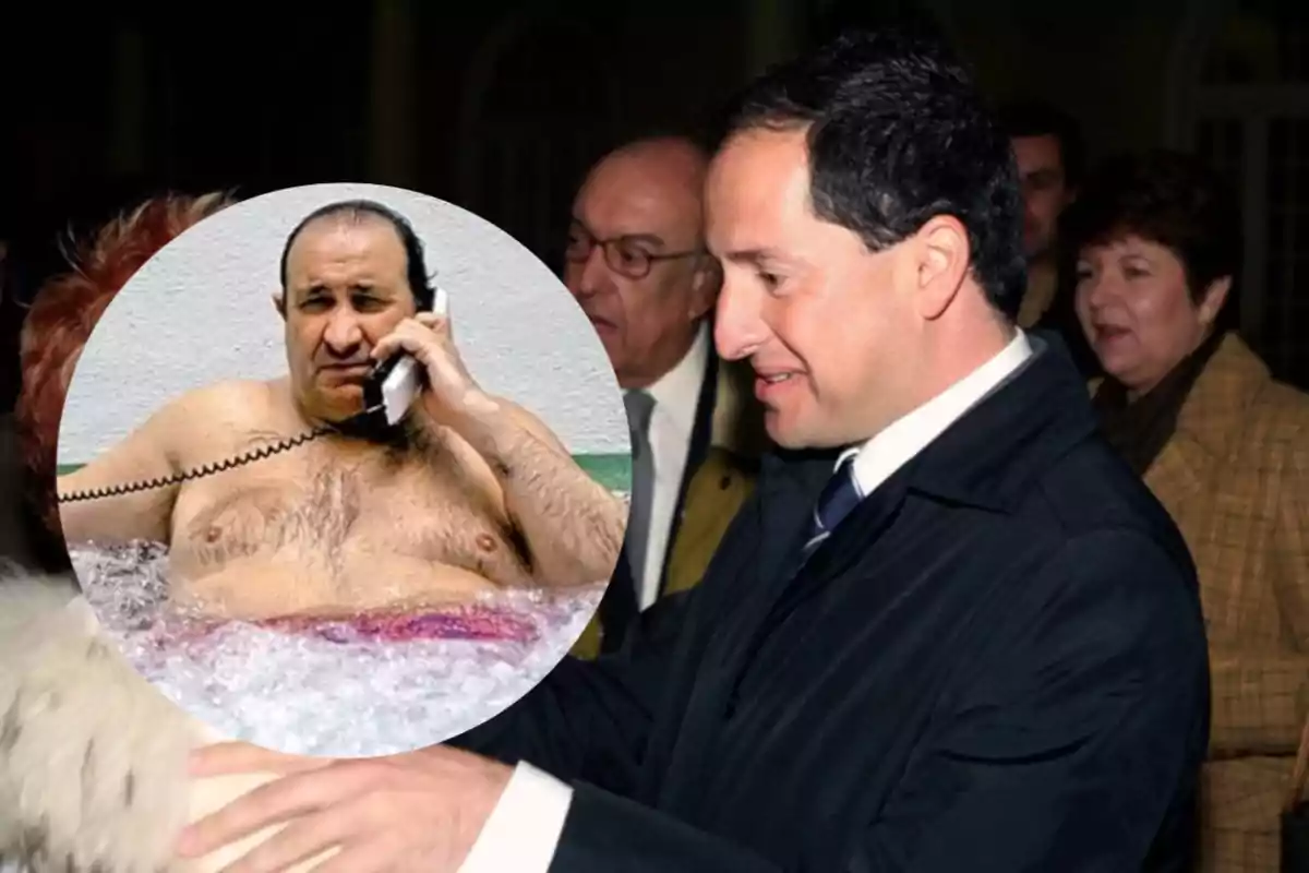A man in a suit greets someone while, in an overlapping circle, a man in a bathtub is talking on the phone. A man in a suit greets someone while, in an overlapping circle, a man in a bathtub is talking on the phone.
