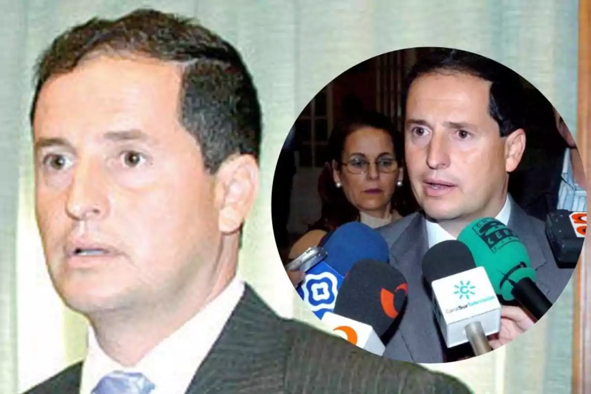 Short dark-haired man in a suit and tie, in the foreground and in a circular image, giving statements to the press surrounded by microphones and journalists. Short dark-haired man in a suit and tie, in the foreground and in a circular image, giving statements to the press surrounded by microphones and journalists.