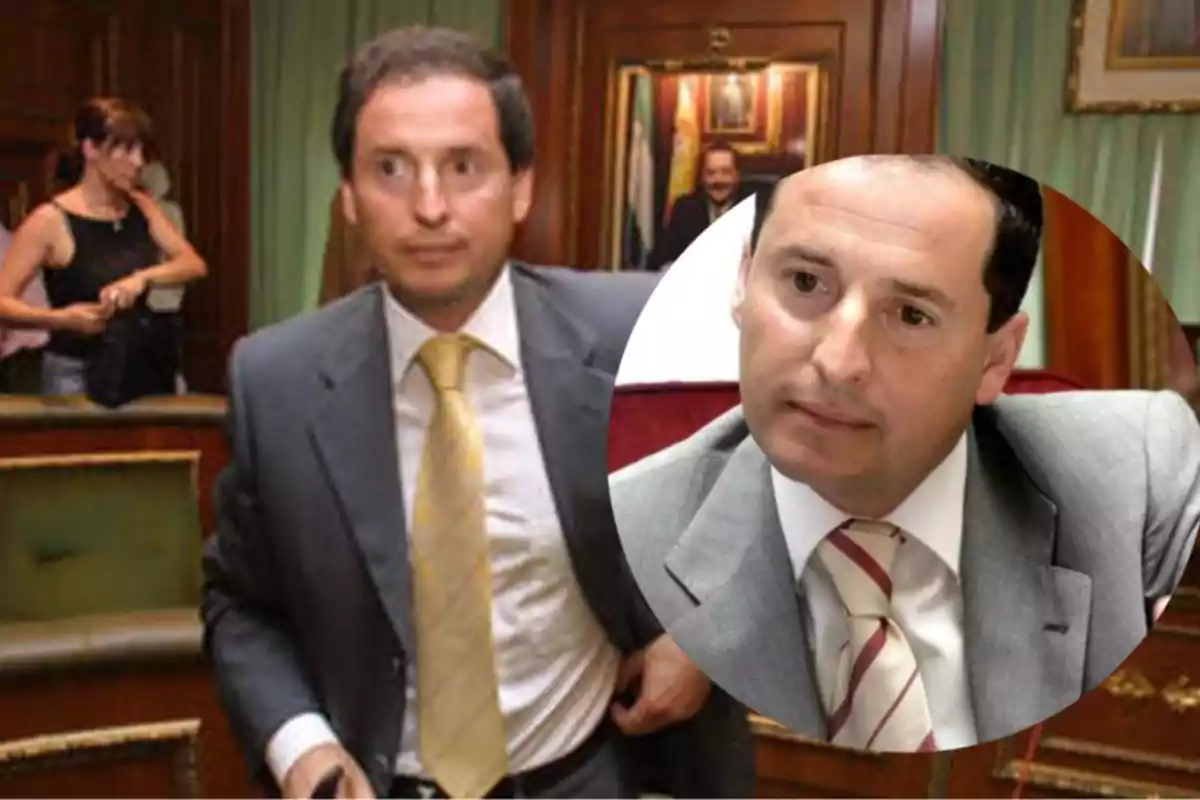 Man in a suit and tie in an elegant room with another image of himself in the foreground and a woman in the background Man in a suit and tie in an elegant room with another image of himself in the foreground and a woman in the background