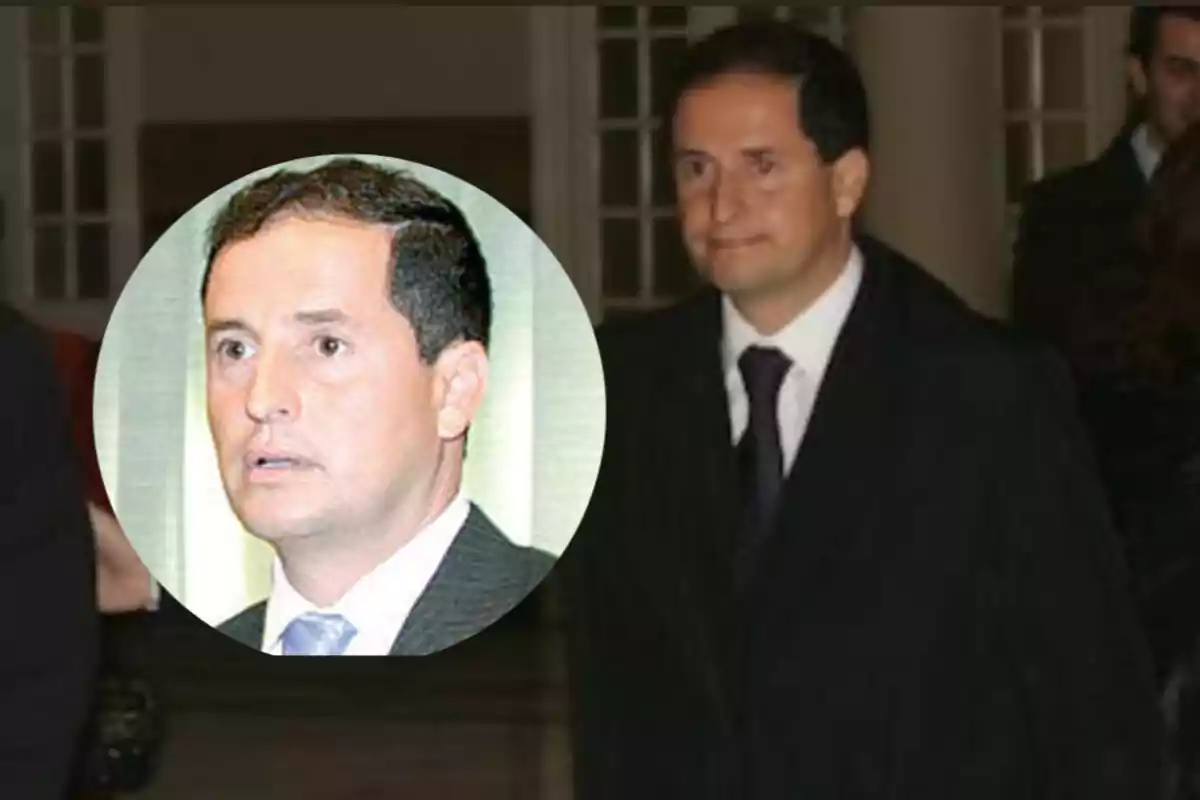 A man in a dark suit appears in the foreground, and in the left corner there is a circular frame showing the same man's face on another occasion, both with a serious expression. A man in a dark suit appears in the foreground, and in the left corner there is a circular frame showing the same man's face on another occasion, both with a serious expression.