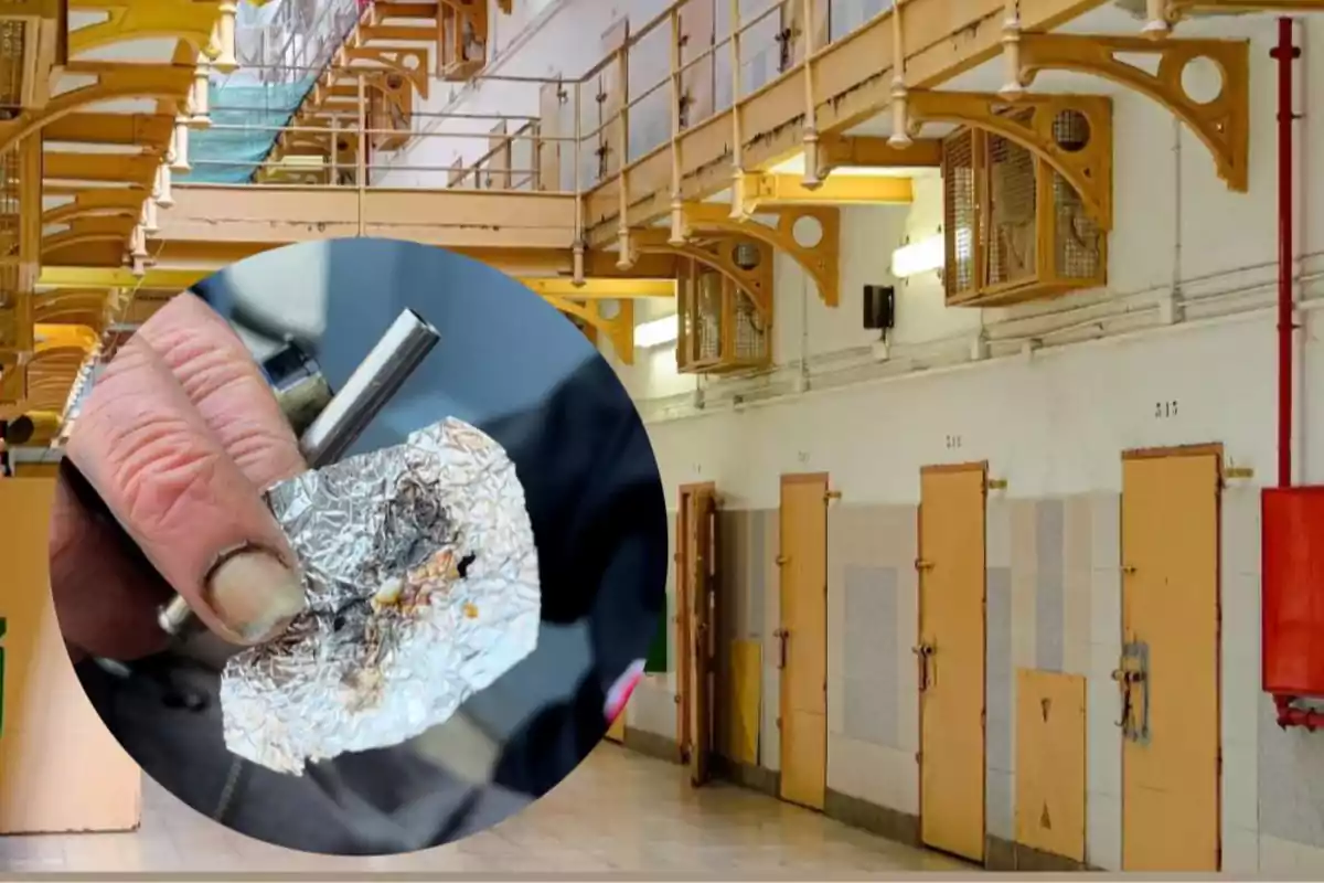 Prison hallway with several closed cell doors and an overlaid image of a hand holding burnt aluminum foil and an improvised pipe