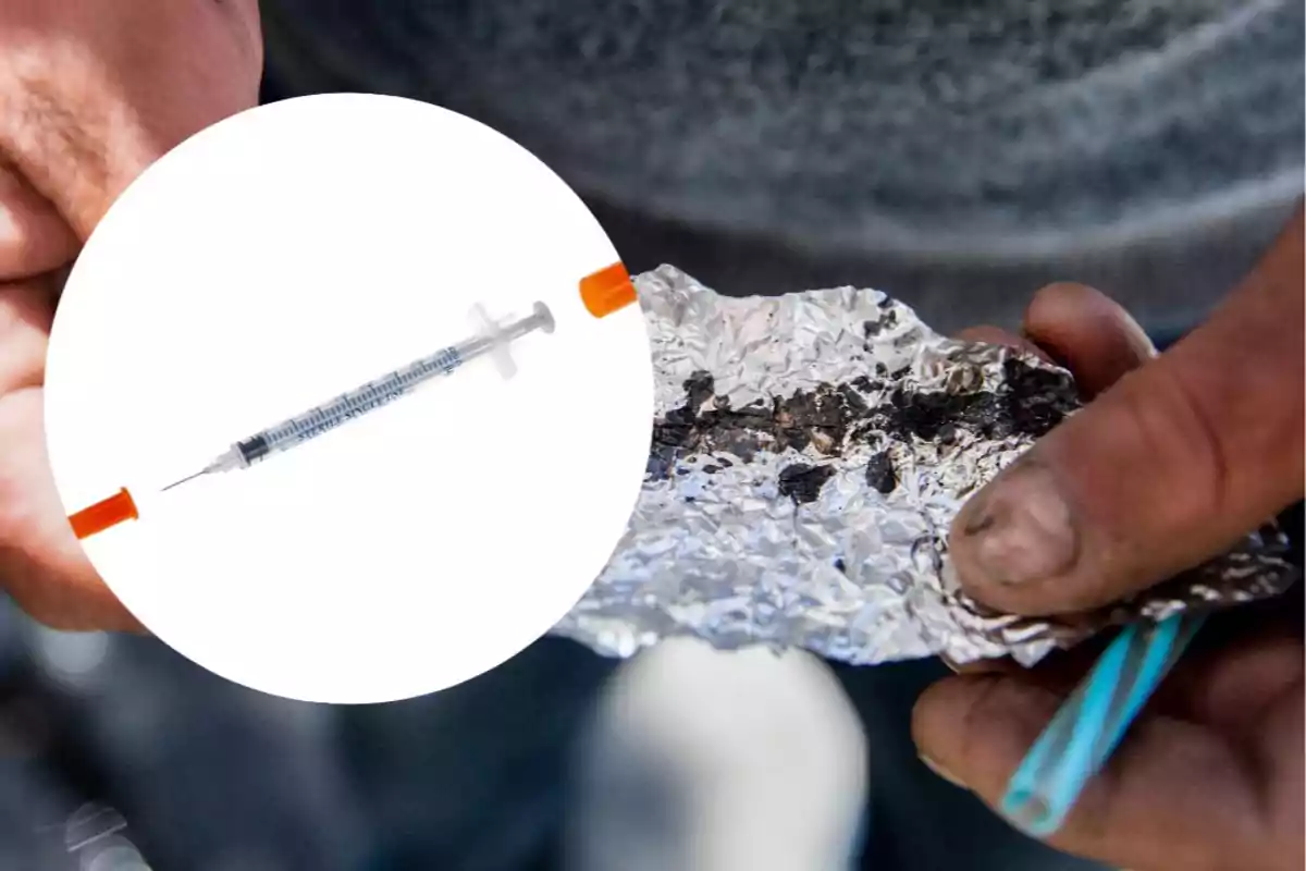 Hands holding a piece of burnt aluminum foil and a straw, with a syringe in an overlaid circle Hands holding a piece of burnt aluminum foil and a straw, with a syringe in an overlaid circle