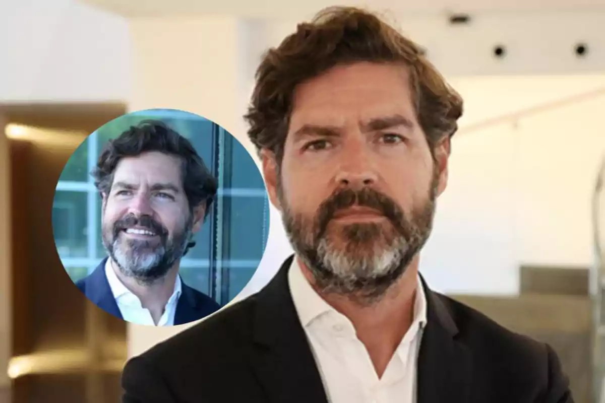 Hombre de cabello y barba oscura con saco y camisa blanca en un entorno interior con un recuadro circular mostrando otra imagen de él sonriendo Hombre de cabello y barba oscura con saco y camisa blanca en un entorno interior con un recuadro circular mostrando otra imagen de él sonriendo