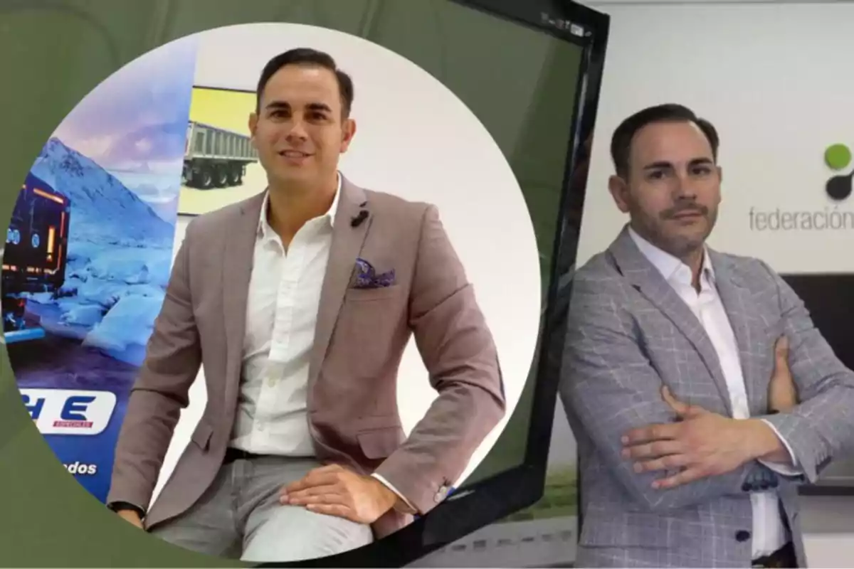 Dos hombres posando en oficinas, ambos vestidos con saco y camisa, uno sentado y el otro de pie con los brazos cruzados. Dos hombres posando en oficinas, ambos vestidos con saco y camisa, uno sentado y el otro de pie con los brazos cruzados.