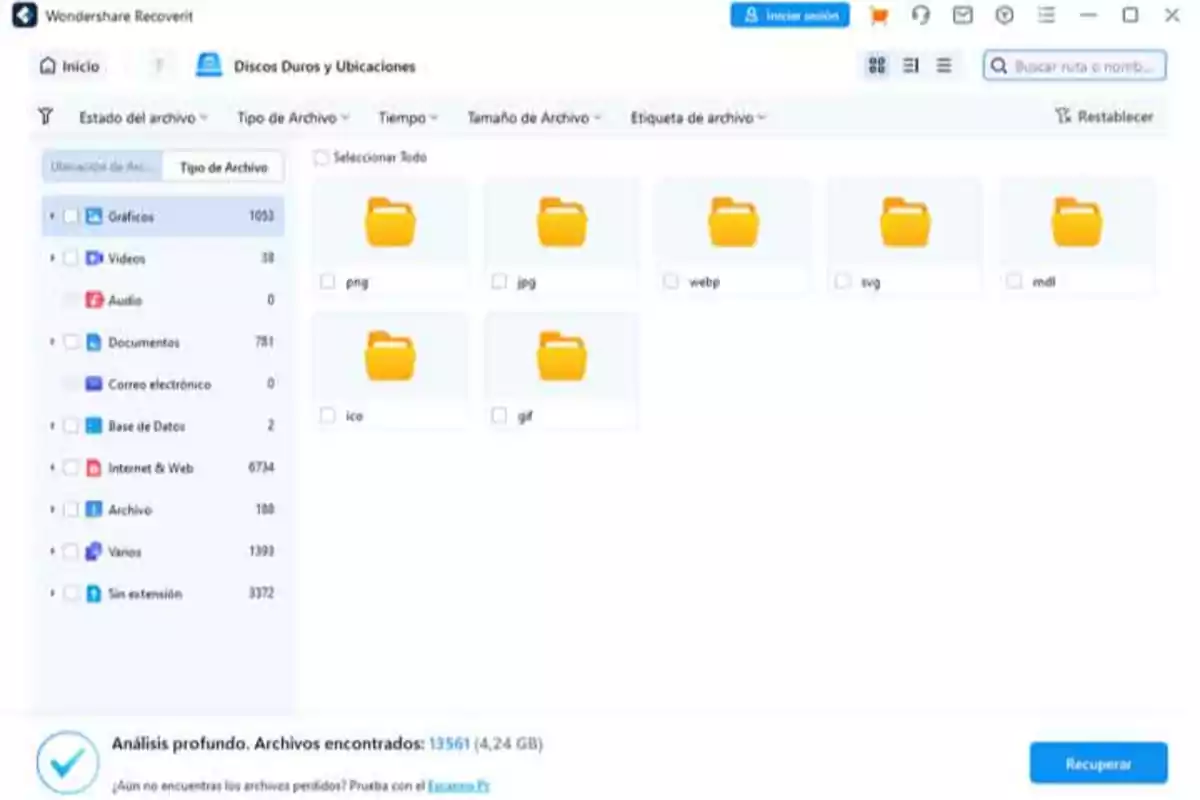 La imagen muestra la interfaz del software Wondershare Recoverit, específicamente en la sección 