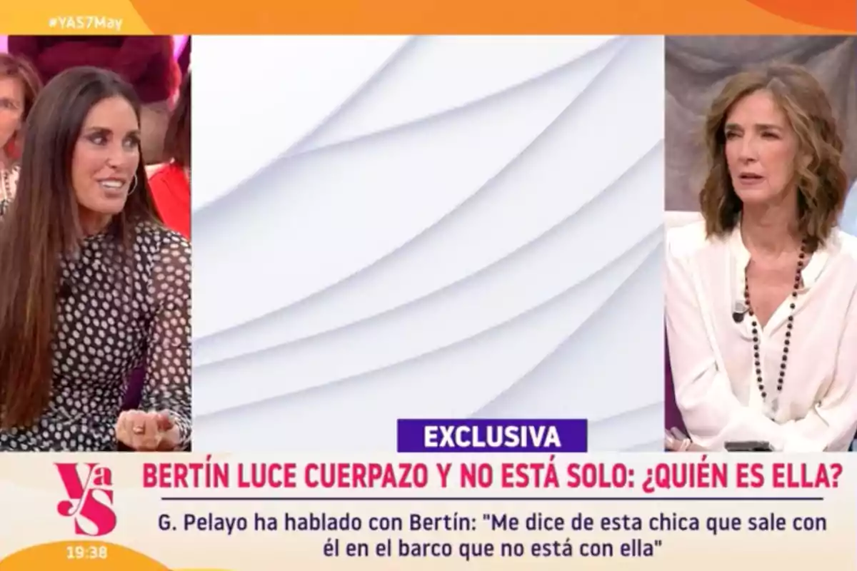 Isabel Rábago y Paloma García-Pelayo conversan en un programa de televisión con un fondo blanco y un texto que menciona una exclusiva sobre Bertín. Captura de 'Y ahora Sonsoles' Isabel Rábago y Paloma García-Pelayo conversan en un programa de televisión con un fondo blanco y un texto que menciona una exclusiva sobre Bertín. Captura de 'Y ahora Sonsoles'