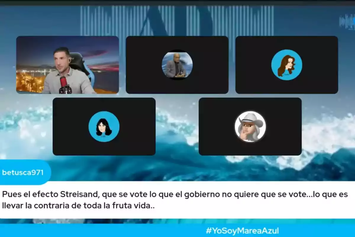 Una videollamada con cinco participantes, uno de ellos con un fondo de ciudad y micrófono rojo, mientras los otros tienen avatares o imágenes de perfil. En la parte inferior, un mensaje de chat menciona el Una videollamada con cinco participantes, uno de ellos con un fondo de ciudad y micrófono rojo, mientras los otros tienen avatares o imágenes de perfil. En la parte inferior, un mensaje de chat menciona el